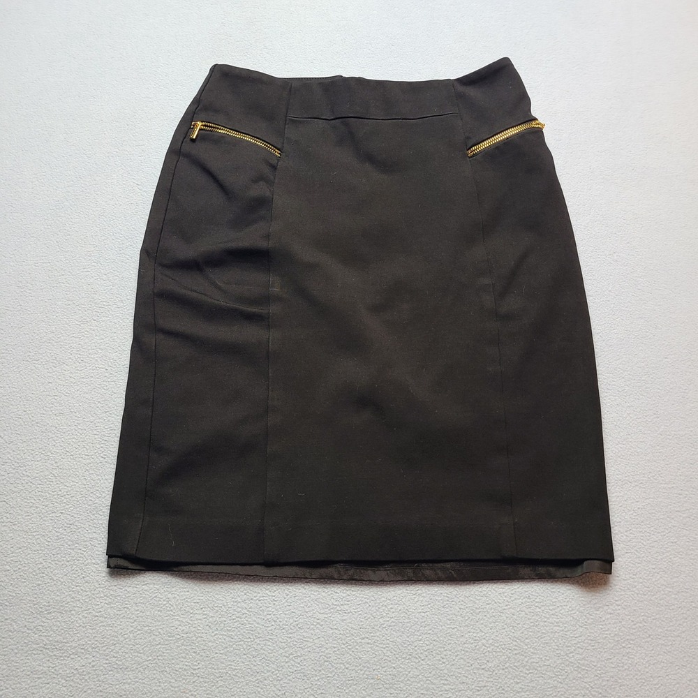 Calvin Klein Pencil Skirt Womens 2 Black Excellent Gold Zipper Accents Lined